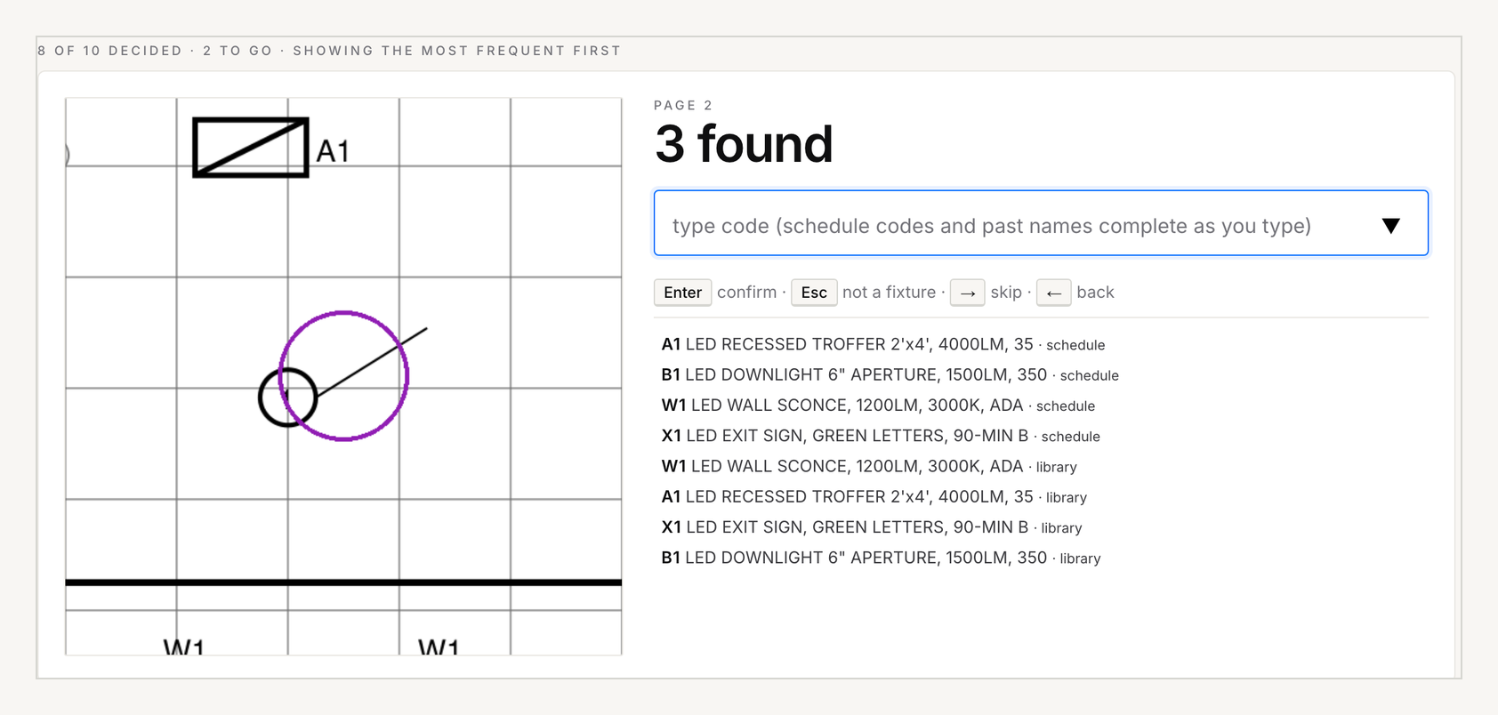 The LumenTakeoff naming queue with a ringed fixture symbol on the real sheet, a type-code box where schedule codes complete as you type, and keyboard hints.