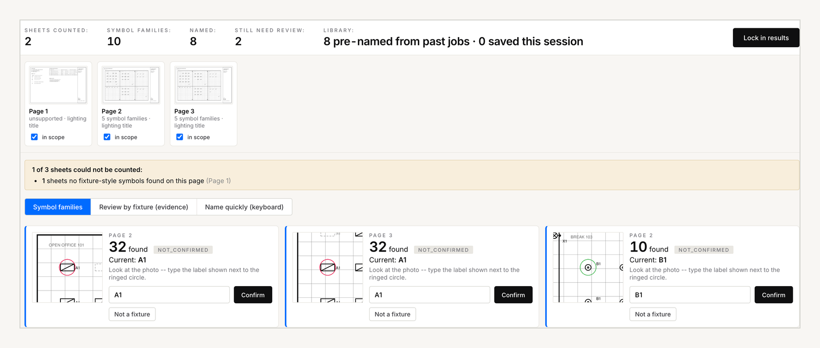 LumenTakeoff header showing sheets counted, symbol families, named, still need review and 'library: 8 pre-named from past jobs' above the sheet strip and first family cards.